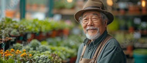 The Asian retired grandfather enjoys smiling and happily tending to the indoor garden at the home.