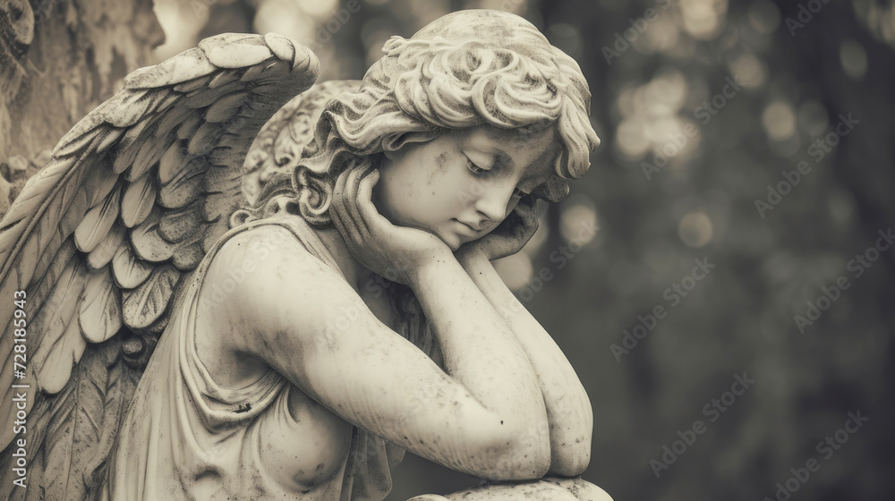 An angel in deep contemplation their wings folded tightly around them as they gaze towards the earthly world with a sense of compion.