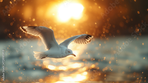 A serene image of a single seagull gliding above the ocean waves during a beautiful sunset.