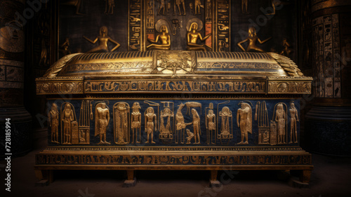 An egyptian mummy sarcophagus made of gold with carved details. photo