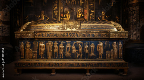 An egyptian mummy sarcophagus made of gold with carved details.