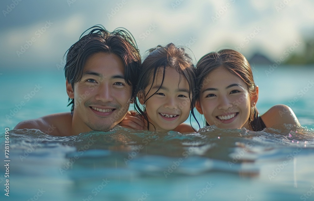 Asian families vacation to tropical islands and enjoy a wonderful outdoor lifestyle, relaxing and having fun together while the sun sets over the water.