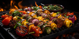 Grilled meat and vegetables on skewers on a wooden background charred beef skewers with colorful veggies on grill created.