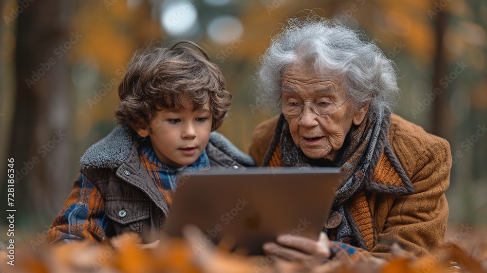 A contented youngster and his granny using a laptop outside A contented youngster and his granny using a laptop outside