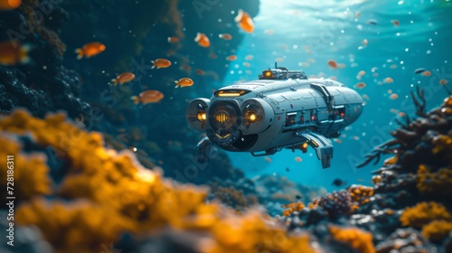 Advanced robotic explorer delves into the ocean's depths amidst vivid marine life, highlighting underwater innovation