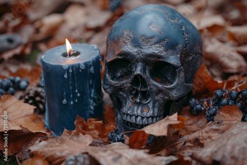Skull and candle in autumn leaves. Halloween concept. Selective focus.