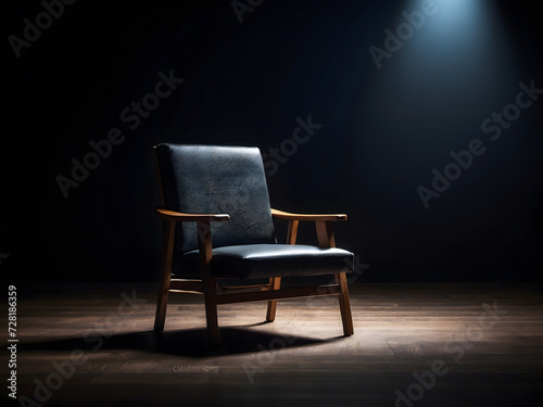 AI Empty chair on a dark background with a spot of light on the stage design, recruiting, searching, vacancy, and hunting design.