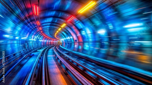 subway tunnel with motion blur in blue and orange tones. abstract background