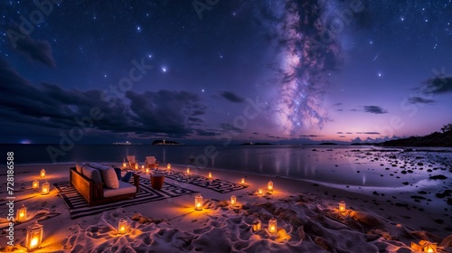 Luxury sofa on the beach with starry sky background.