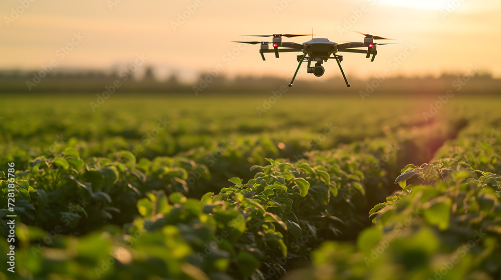 Um drone agrícola equipado com tecnologia de  I A monitorando a saúde das plantações e fornecendo dados em tempo real para a agricultura de precisão e otimização do rendimento - obrazy, fototapety, plakaty 