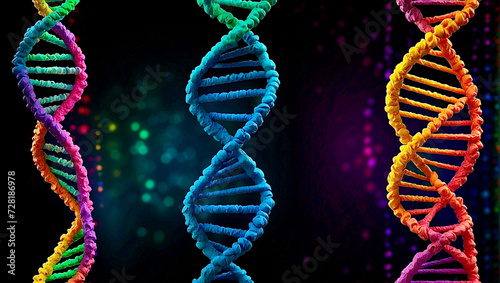 Strands of DNA in rainbow colors against a dark background. AI generated illustration. 