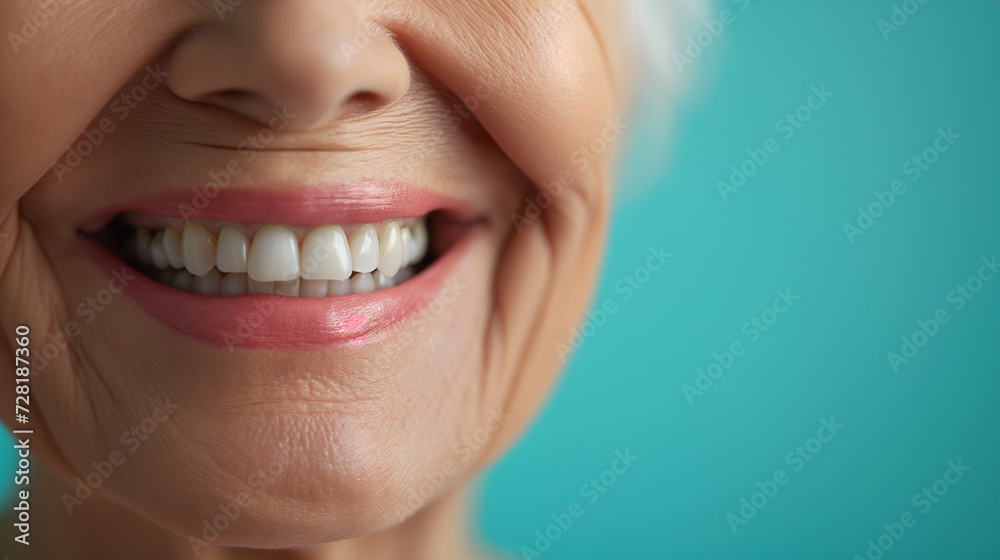 Obraz premium elderly ethnic person, beautiful white smile on blue background, dental photo