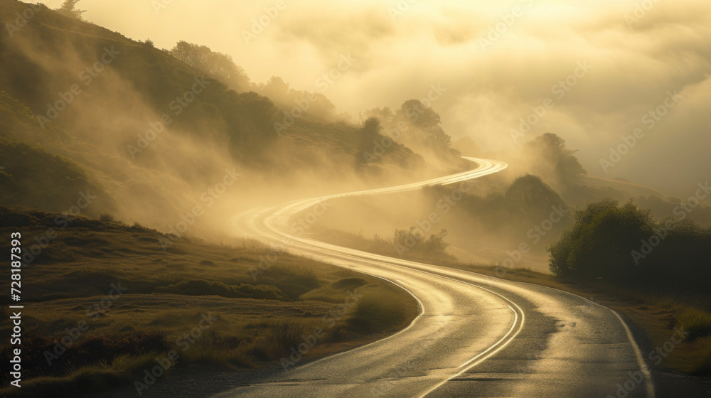 A winding road disappearing into the mist only the slivers of sunlight breaking through the fog to guide the way.