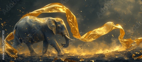 Golden Elephant Walking with Majestic Golden Ribbon photo