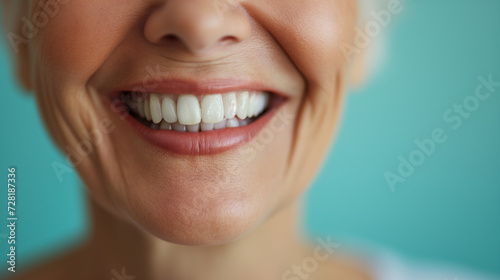 elderly ethnic person, beautiful white smile on blue background, dental photo