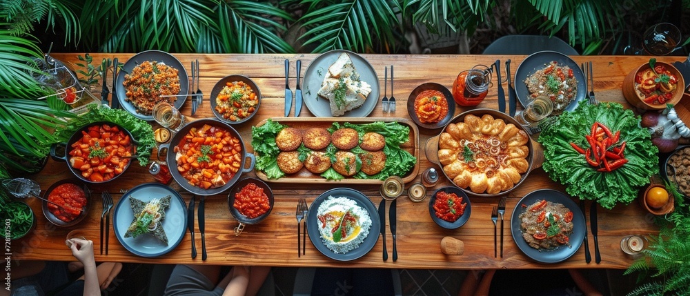 Top view: A happy group of Asian friends celebrate a dinner party celebration, sharing food and wine together at home.