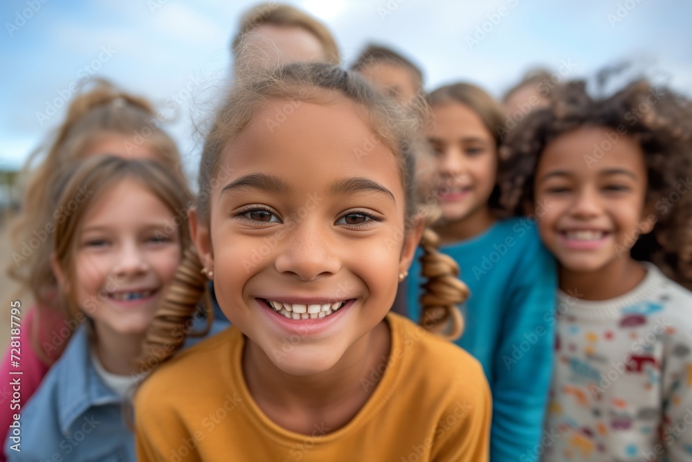 Group of diverse cheerful fun happy multiethnic children outdoors at the schoolyard	