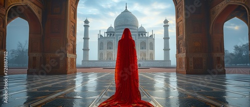 An Indian woman wearing a red saree at the Taj Mahal in Agra, Uttar Pradesh photo