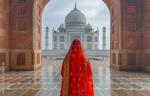 An Indian woman wearing a red saree at the Taj Mahal in Agra, Uttar Pradesh