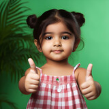 a indian toddler giving a thumbs up on green background, banner concept