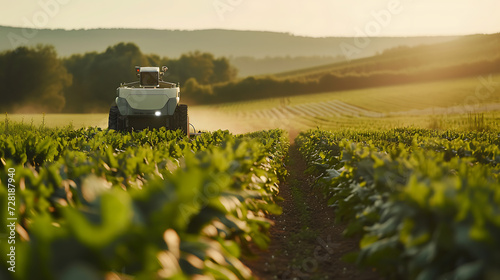 Um robô agrícola autônomo equipado com ferramentas de precisão colhendo eficientemente culturas em uma fazenda demonstrando avanços na agricultura inteligente photo