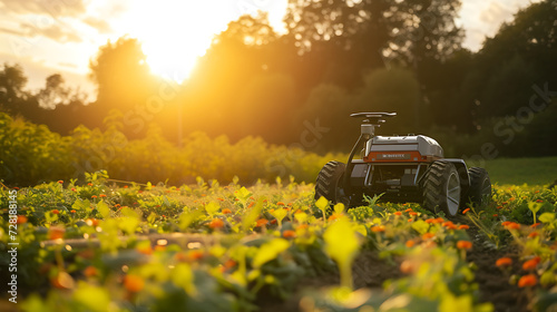 Um robô agrícola autônomo equipado com ferramentas de precisão colhendo eficientemente culturas em uma fazenda demonstrando avanços na agricultura inteligente photo