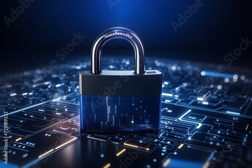 Cybersecurity technology: Digital padlock guarding computing systems against fraud and protecting privacy data in a dark blue backdrop