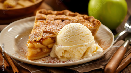 A comforting plate of apple pie fresh from the hearth is topped with a generous scoop of cool vanilla bean ice cream. The combination of warm and cool flavors creates a blissful