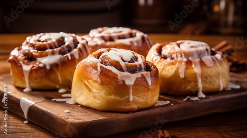 Fresh Cinnamon Rolls with Icing on Wooden Board
