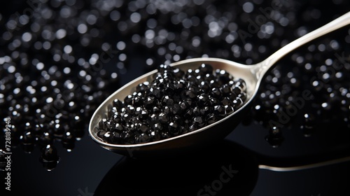 Elegant Spoon of Black Caviar on Reflective Dark Surface