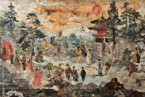 Nippon kagura, in the style of Maurice Prendergast. Wall art poster. Japanese prints style. Generative ai.  J004