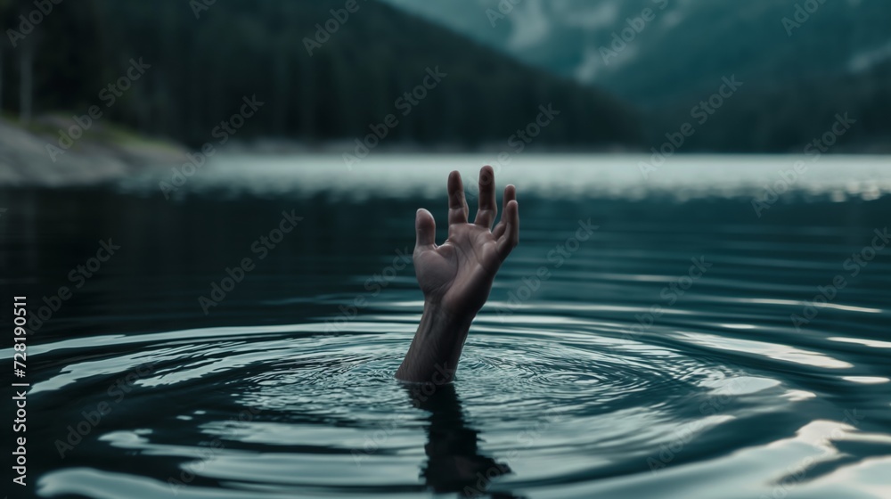 Fototapeta premium A hand emerging from a lake reaching up as if trying to grab something. Risk danger concept.