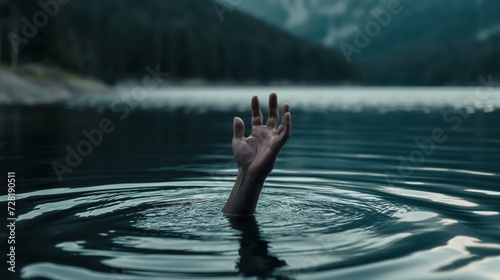 A hand emerging from a lake reaching up as if trying to grab something. Risk danger concept.
