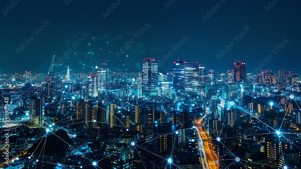 Paisagem urbana com infraestrutura inteligente interconectada apresentando dispositivos  Io T para serviços públicos eficientes e gestão de recursos