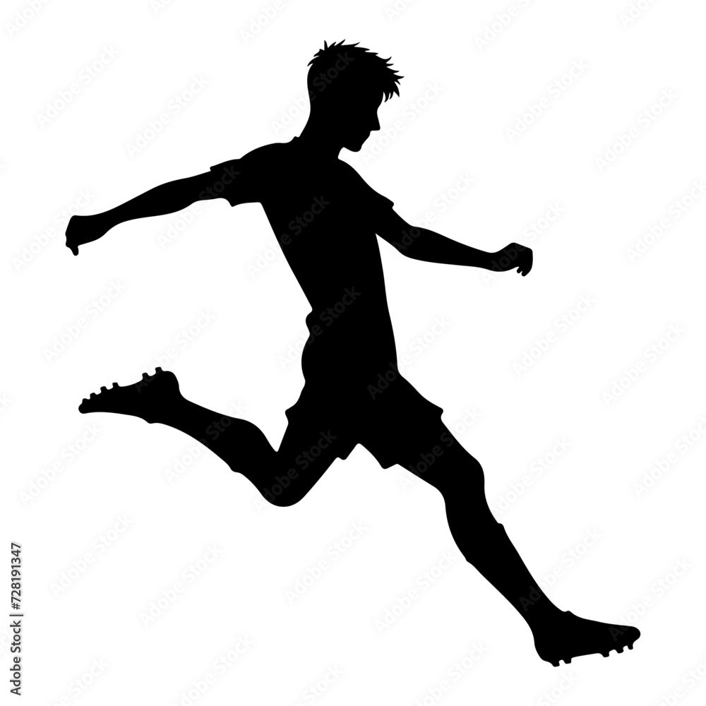 Young soccer player kicking a ball pose vector silhouette, black color silhouette