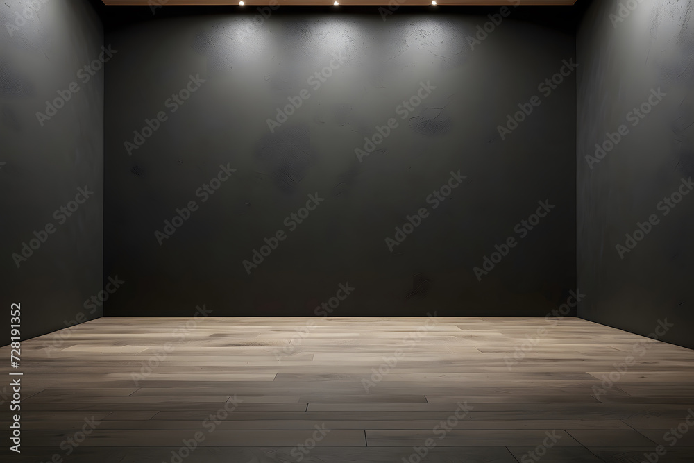 Black wall with a row of spotlights in an empty room design, black wall or blank interior texture and studio room for background design.