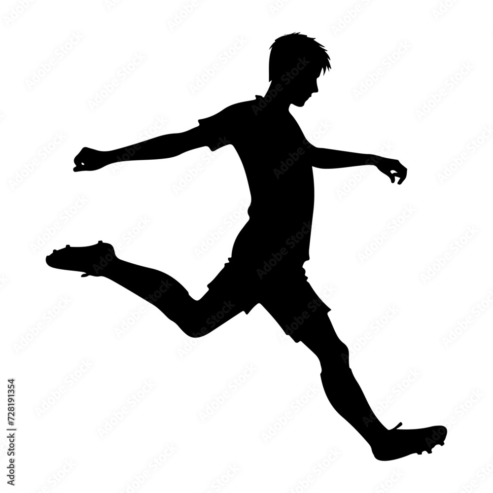 Young soccer player kicking a ball pose vector silhouette, black color silhouette Young soccer player kicking a ball pose vector silhouette, black color silhouette