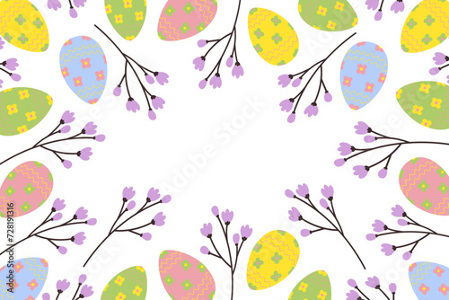 Abstract frame border of painted Easter eggs and blossom branches with copy space. Happy Easter