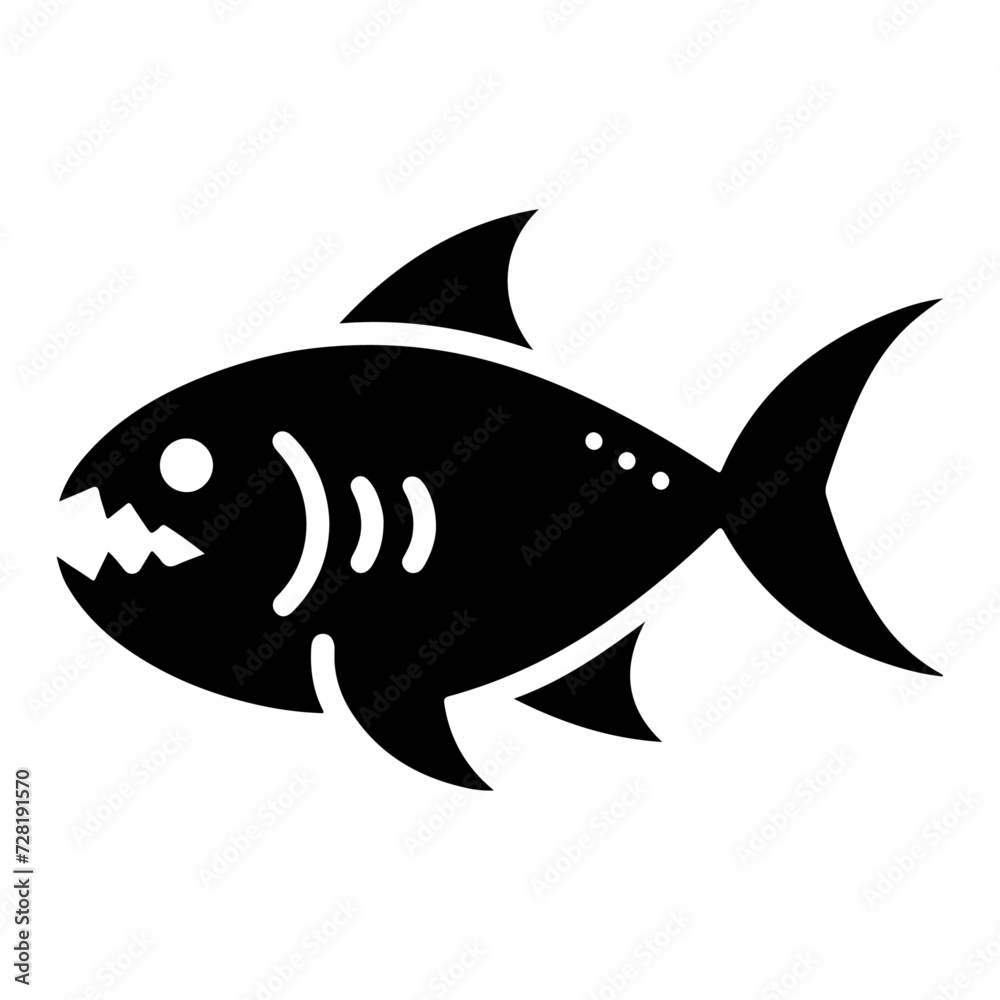 Fototapeta premium Piranha fish vector icon, clipart, symbol, flat illustration, black color silhouette