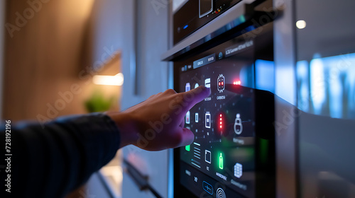 Um close de um usuário interagindo com um painel de controle de automação residencial inteligente gerenciando e monitorando vários dispositivos conectados para uma casa inteligente photo