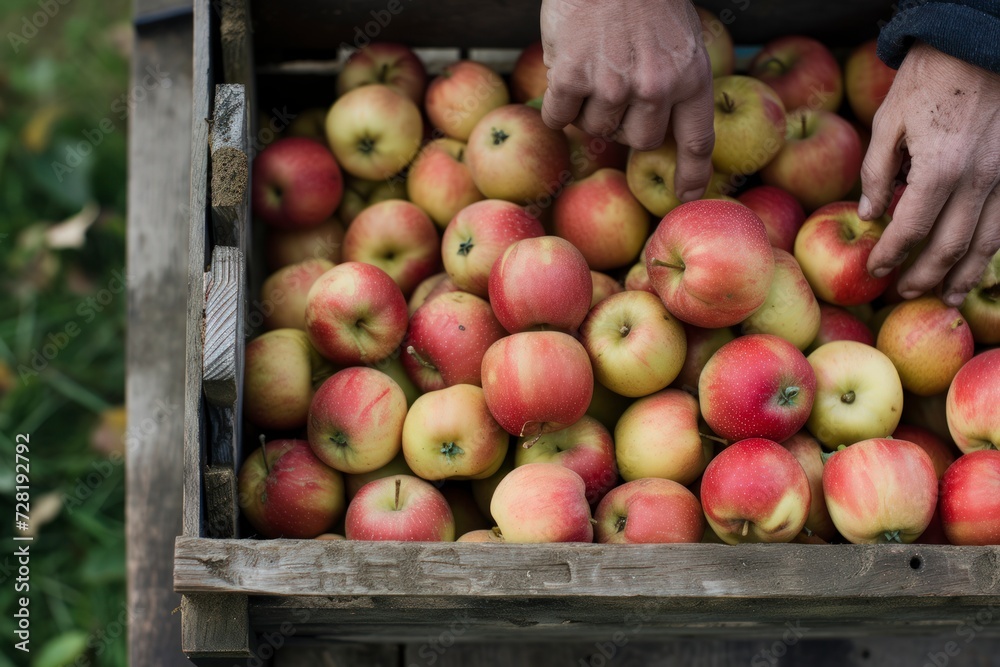 In the orchard's embrace, diligent farmers gather the harvest--crates brimming with the crisp bounty of freshly picked apples In the orchard's embrace, diligent farmers gather the harvest--crates brimming with the crisp bounty of freshly picked apples