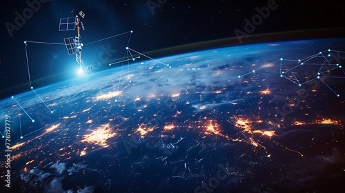 Uma constelação de satélites em órbita terrestre formando uma rede de internet via satélite para fornecer conectividade de internet de alta velocidade global photo