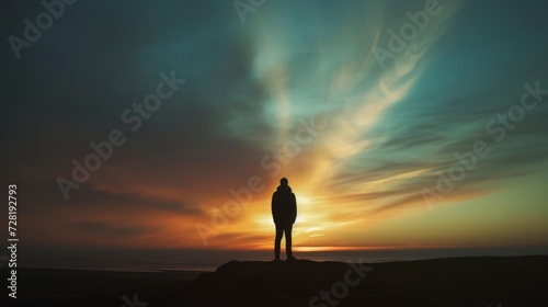 a man standing on a hill watching the sun goes down, vibrant sky and cloudy