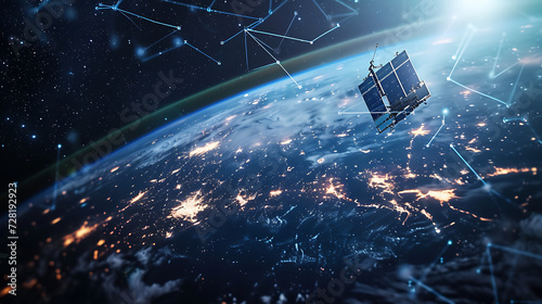 Uma constelação de satélites em órbita terrestre formando uma rede de internet via satélite para fornecer conectividade de internet de alta velocidade global photo