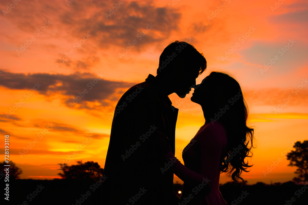 Silhouette of a couple sharing a kiss against a sunset