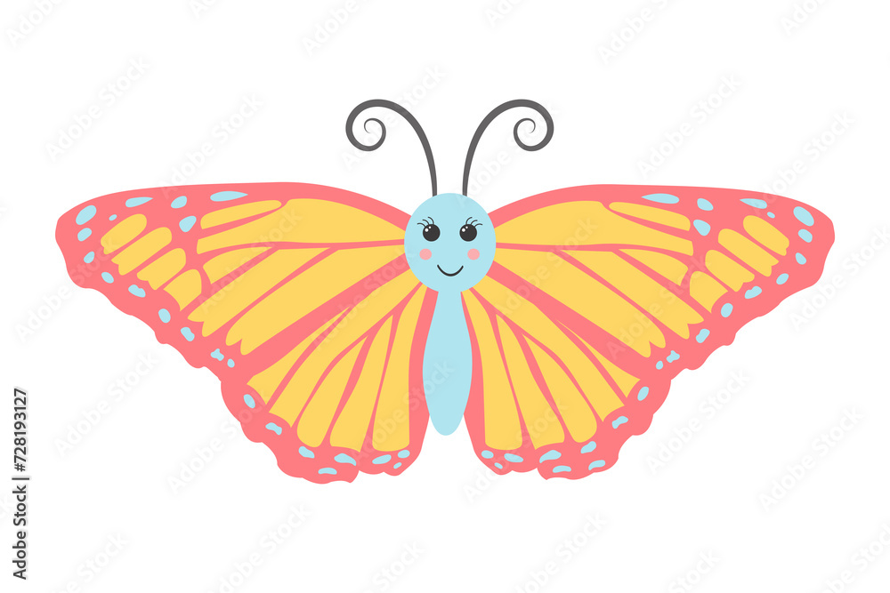Fototapeta premium Kawaii butterfly. Cute colorful butterfly character. Vector illustration isolated on white background.