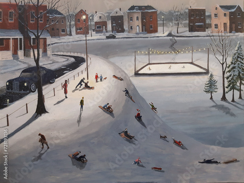 Behang Vintage scene of kids tobogganing on a large hill in a neighbourhood park