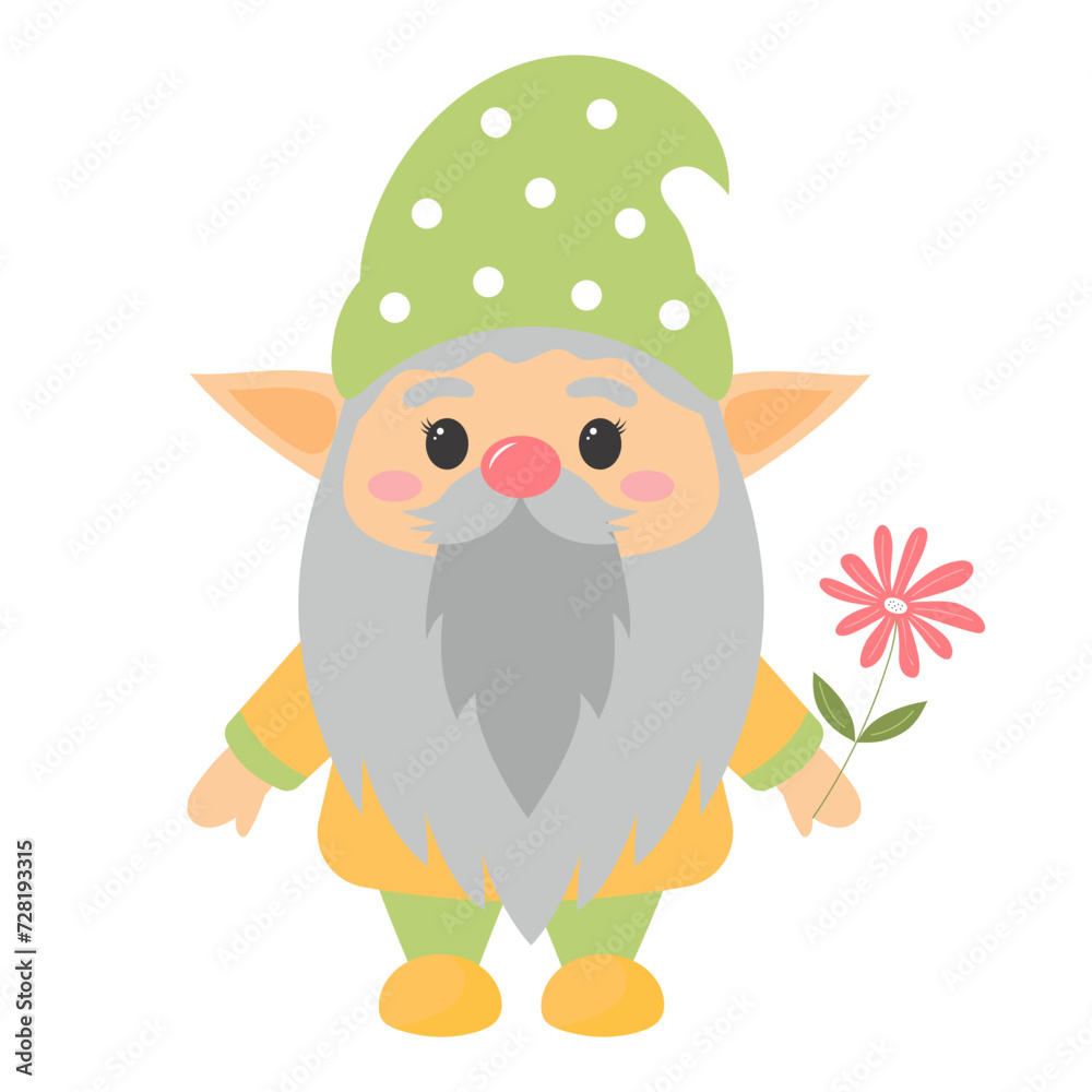 Obraz premium Cute garden gnome with flower. Spring dwarf. Vector illustration isolated on white background.