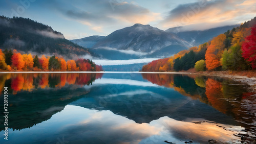 Serene Lake Reflecting Vibrant Autumn Colors © Gohgah