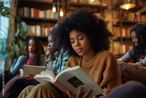 Young Woman Immersed in Reading a Book in a Cozy Library Setting with Friends photo